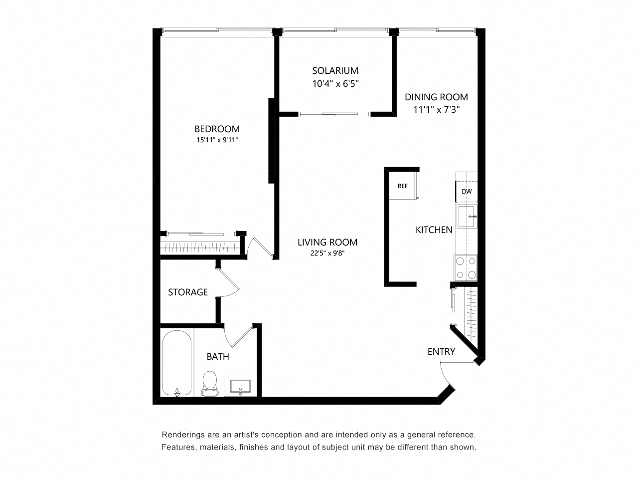 Floor plan for 1 bed, 1 bath, 867 sqft